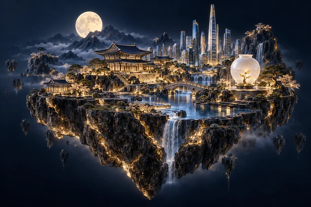 한옥과 현대 도시, 산세를 담아 상상한 퍼뜩 한국 월드